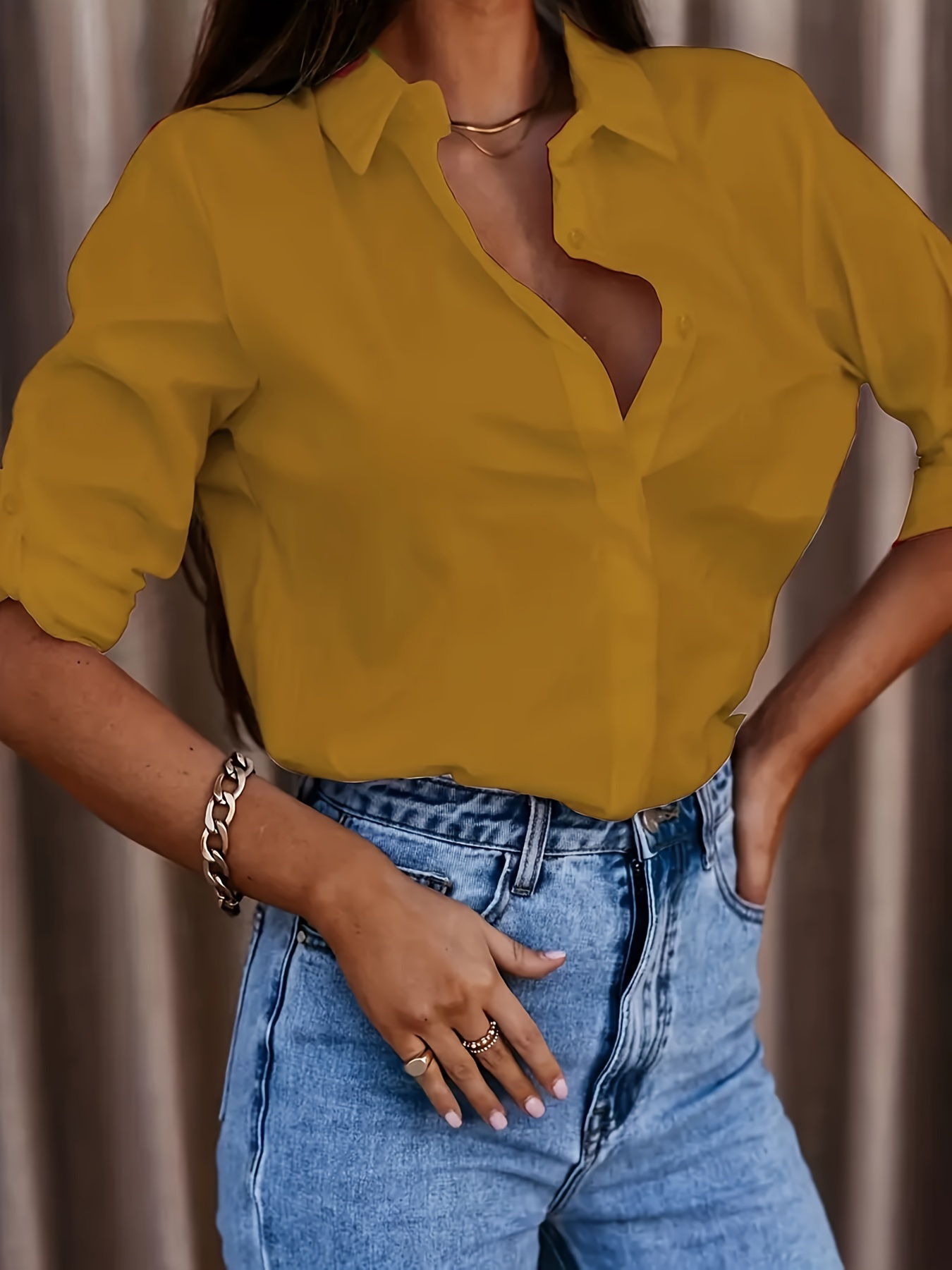 Lapel Long Sleeve Shirt Women's Button-up Tops Clothing - Image 2