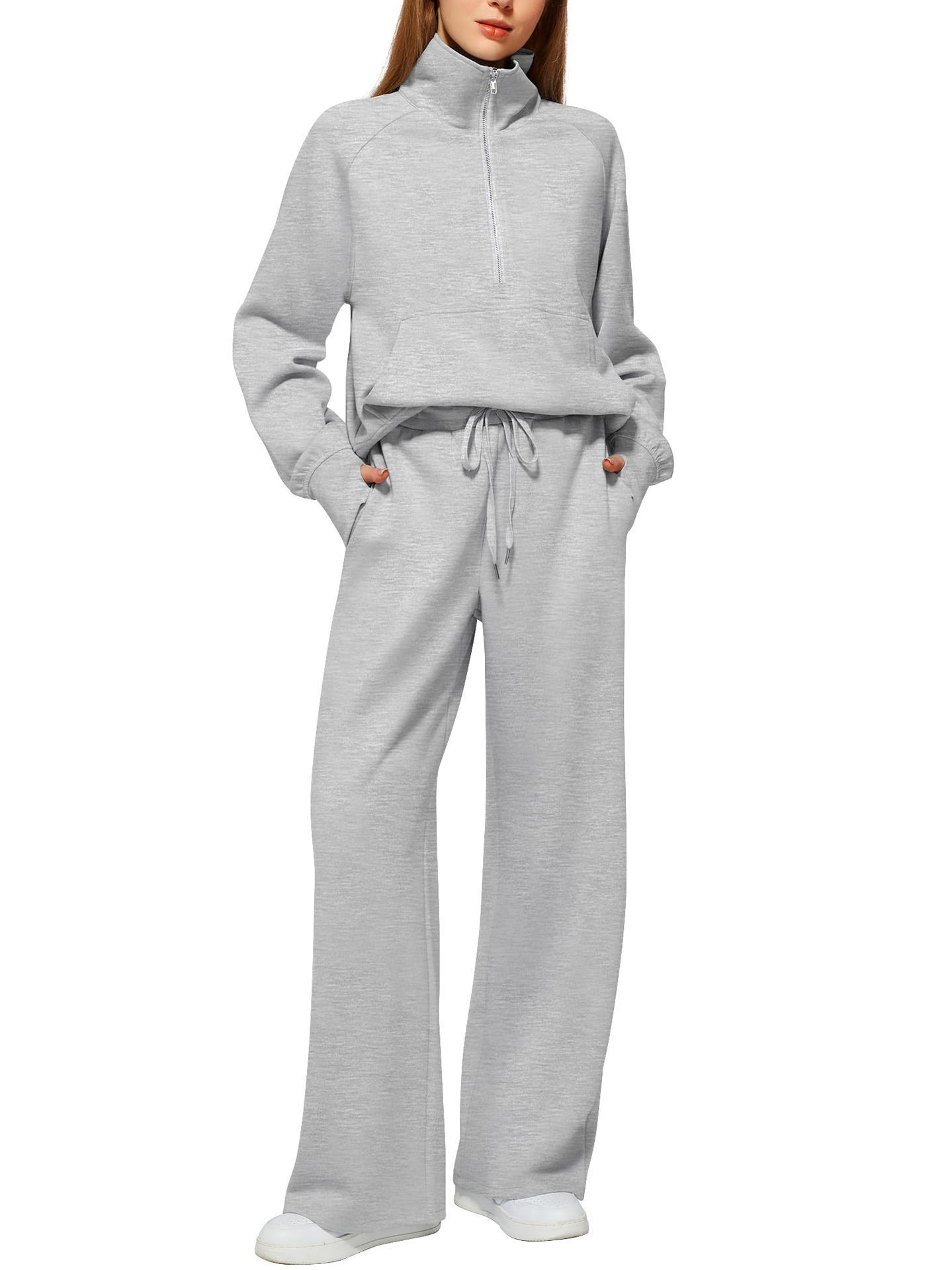 Woman Solid Color Half Zip Long Sleeve Sweatshirt And Wide Leg Pants Set Casual Sporty Two Piece Outfit Women's Suit - Image 5