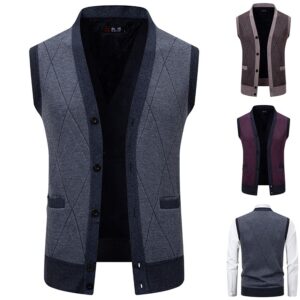 Men V-Neck Solid Textured Knit Vest Fleece Lined Thick Warm Button Sleeveless Sweater Waistcoat, Layerable Winter Business Casual Outerwear With Pockets