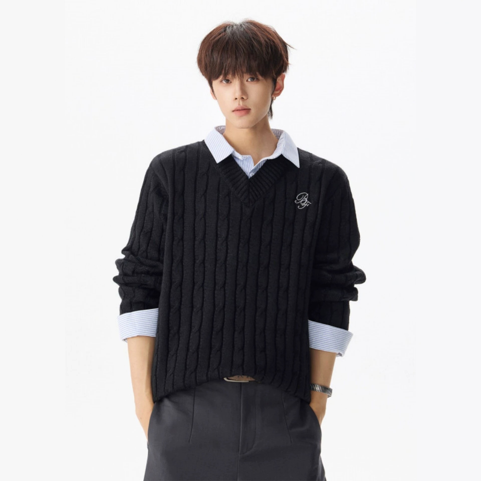 Men's Faux Two-piece Knitted Striped Patchwork Sweater - Image 8