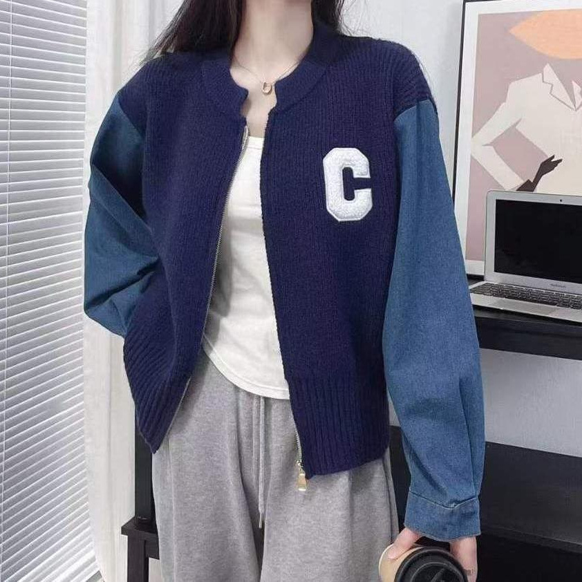 Stylish Niche And Trendy Knit Jacket With Denim Sleeves And Contrasting Zippers - Image 3