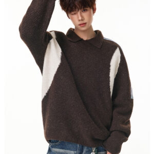 American-style Retro Color-block Knit Sweater, Men's Autumn Winter Polo Collar Sweater, Couple's Sweater Jacket