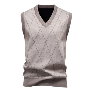 Men's Light Khaki Argyle Diamond Fleece Lined Sweater Vest V-Neck Sleeveless Knit Waistcoat, Business Casual Warm Layering Vest For Fall Winter