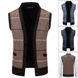 Men V-Neck Geometric Diamond Knit Vest Fleece Lined Thick Warm Button Sleeveless Sweater Waistcoat, Layerable Winter Business Casual Outerwear With Pockets
