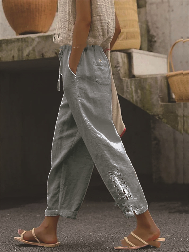 Cotton Linen Solid Color Pocket Sweet Stitching Casual Pants - Image 3