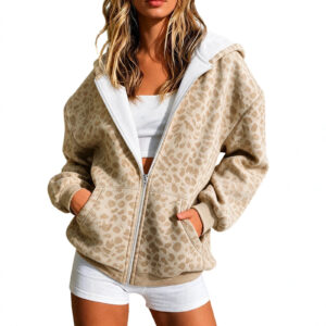 Casual Womens Leopard-Print Hooded Zip-Up Sweatshirt Jacket Hooded Zippered Sweatshirts For Daily We
