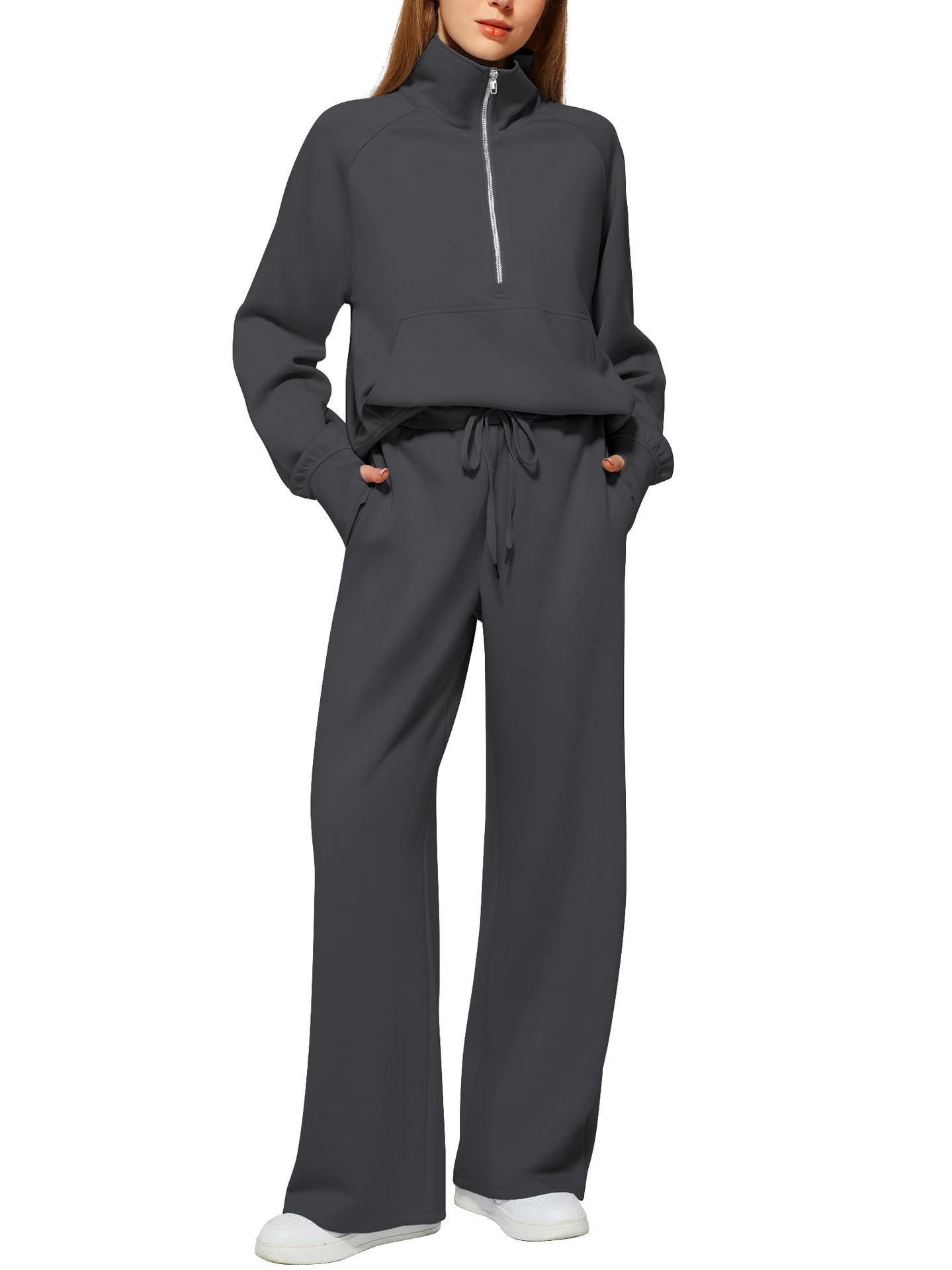 Woman Solid Color Half Zip Long Sleeve Sweatshirt And Wide Leg Pants Set Casual Sporty Two Piece Outfit Women's Suit - Image 3