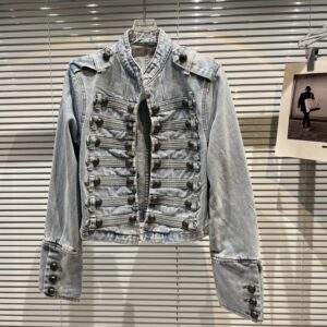 Classic Metal Ribbed Buckle Buffalo Denim Cropped Jacket