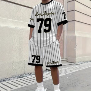 Retro Digital-print Jersey Loose-fit Streetwear Striped Short-sleeve T-shirt And Shorts Set