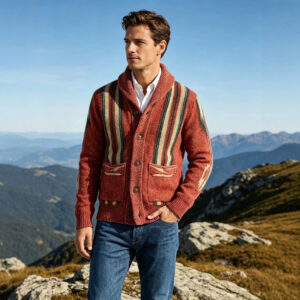 American Retro Green Collar Striped Cardigan For Men, Cross-border Amazon Autumn And Winter Jacquard Knitted Jacket Sweater