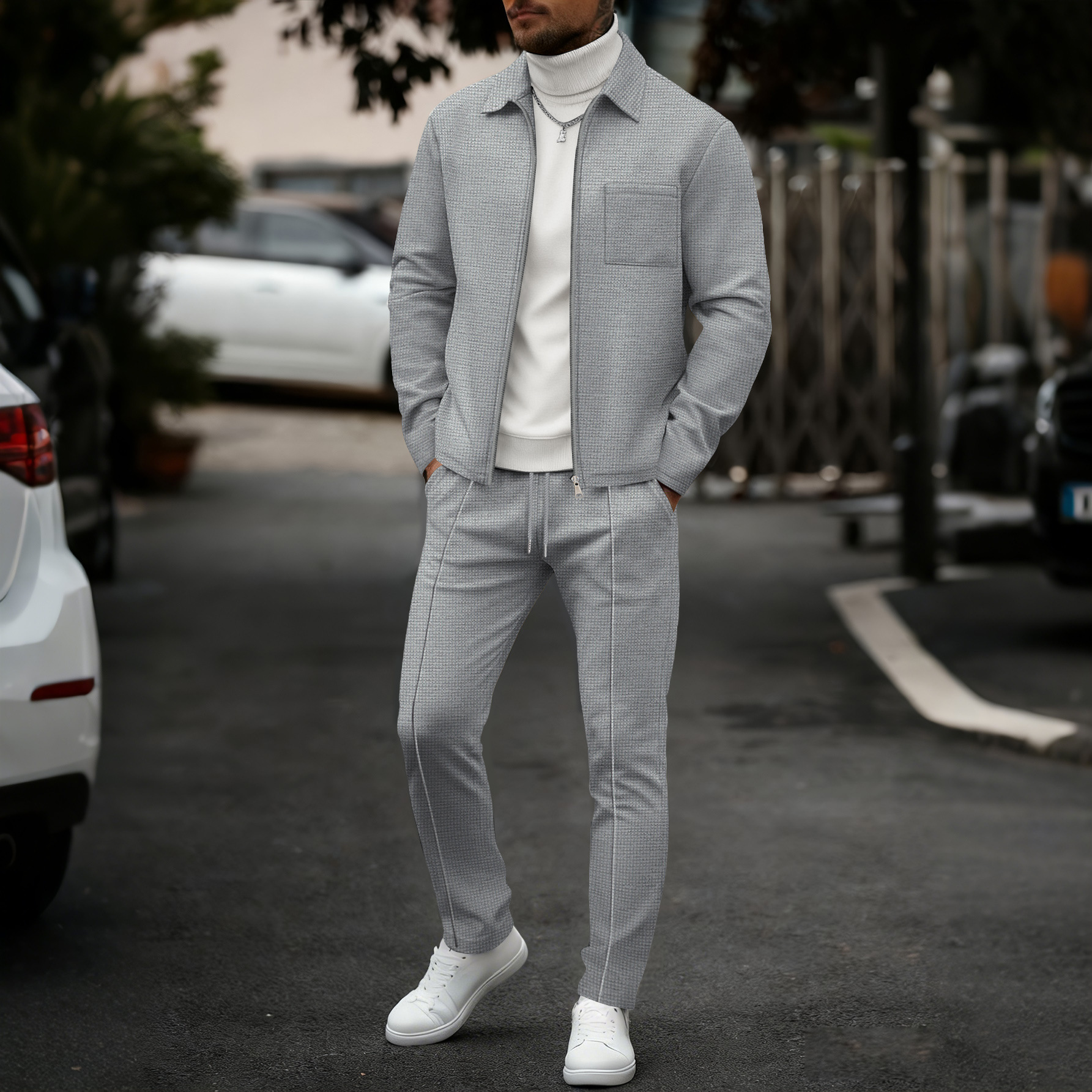 Lapel Cardigan Mens Jacket And Trousers Set - Image 6