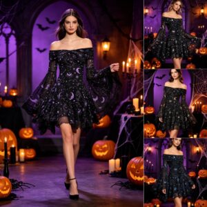 Gothic Style Vintage Mystery Star Moon Long Sleeve A-Line Dress Shoulder Bared Flared Sleeve Print Universe Galaxy Midi Dresses For Halloween Costumes