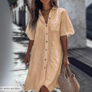 Casual Solid Shirt Dress Lady Fashion Short Sleeve Button Loose Dresses Women Elegant Office Skirt Womens Clothing Summer