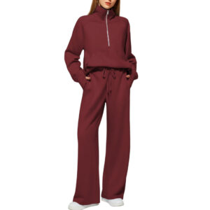 Woman Solid Color Half Zip Long Sleeve Sweatshirt And Wide Leg Pants Set Casual Sporty Two Piece Outfit Women's Suit
