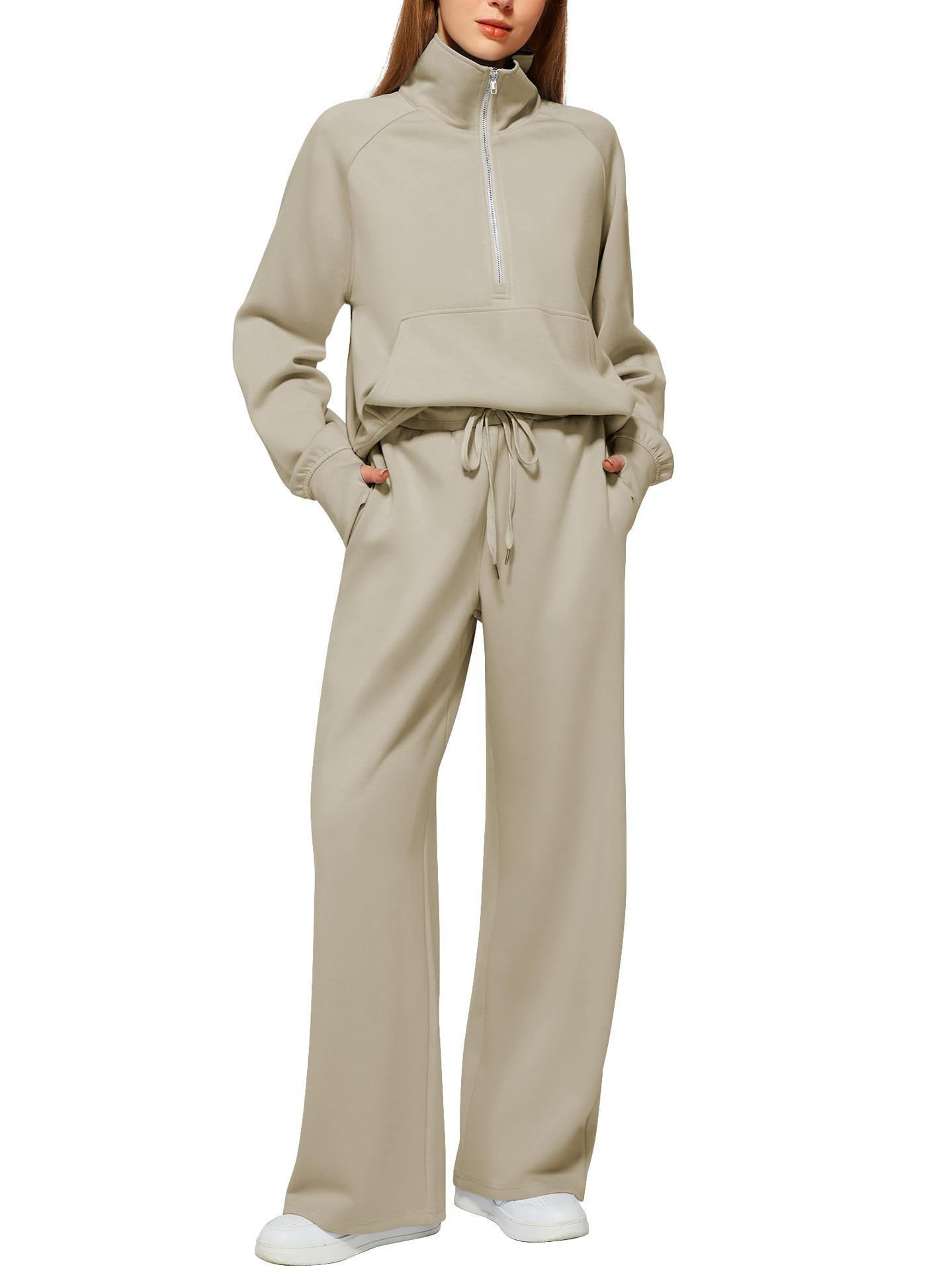 Woman Solid Color Half Zip Long Sleeve Sweatshirt And Wide Leg Pants Set Casual Sporty Two Piece Outfit Women's Suit - Image 6