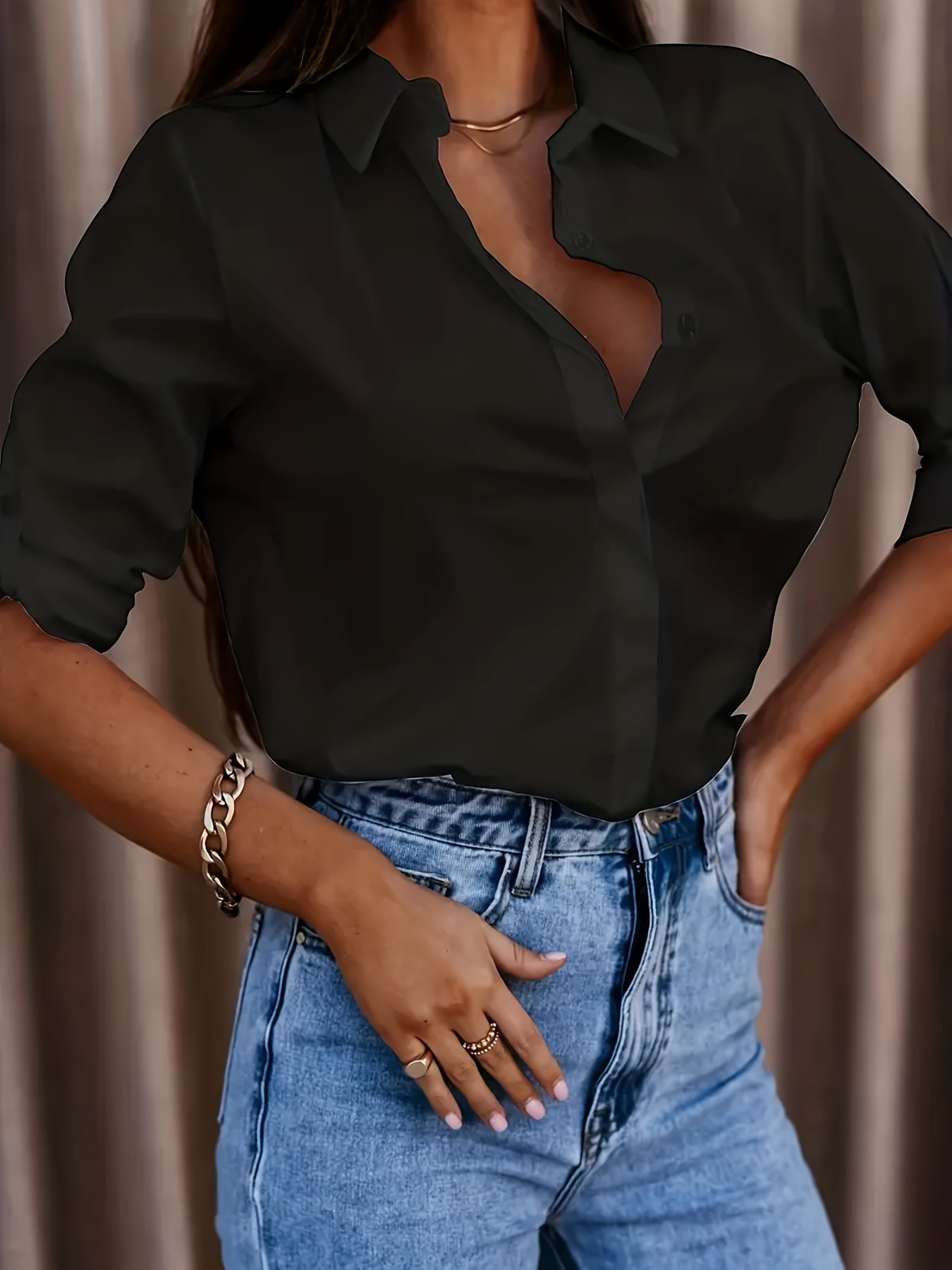 Lapel Long Sleeve Shirt Women's Button-up Tops Clothing - Image 3
