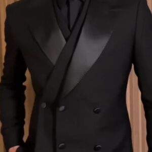 Black Satin Peak Lapel Double-Breasted Tuxedo Suit Set