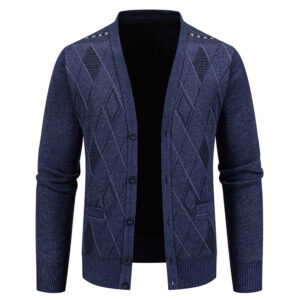 Men's V-Neck Diamond Jacquard Knit Cardigan Fleece Lined Warm Button Down Sweater Jacket With Pockets Autumn Winter Business Casual Knit Outerwear