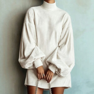 Loose Fit Long Sleeve Dress With Puff Sleeves - Casual Women's Midi Dress For Daily Wear Clothing