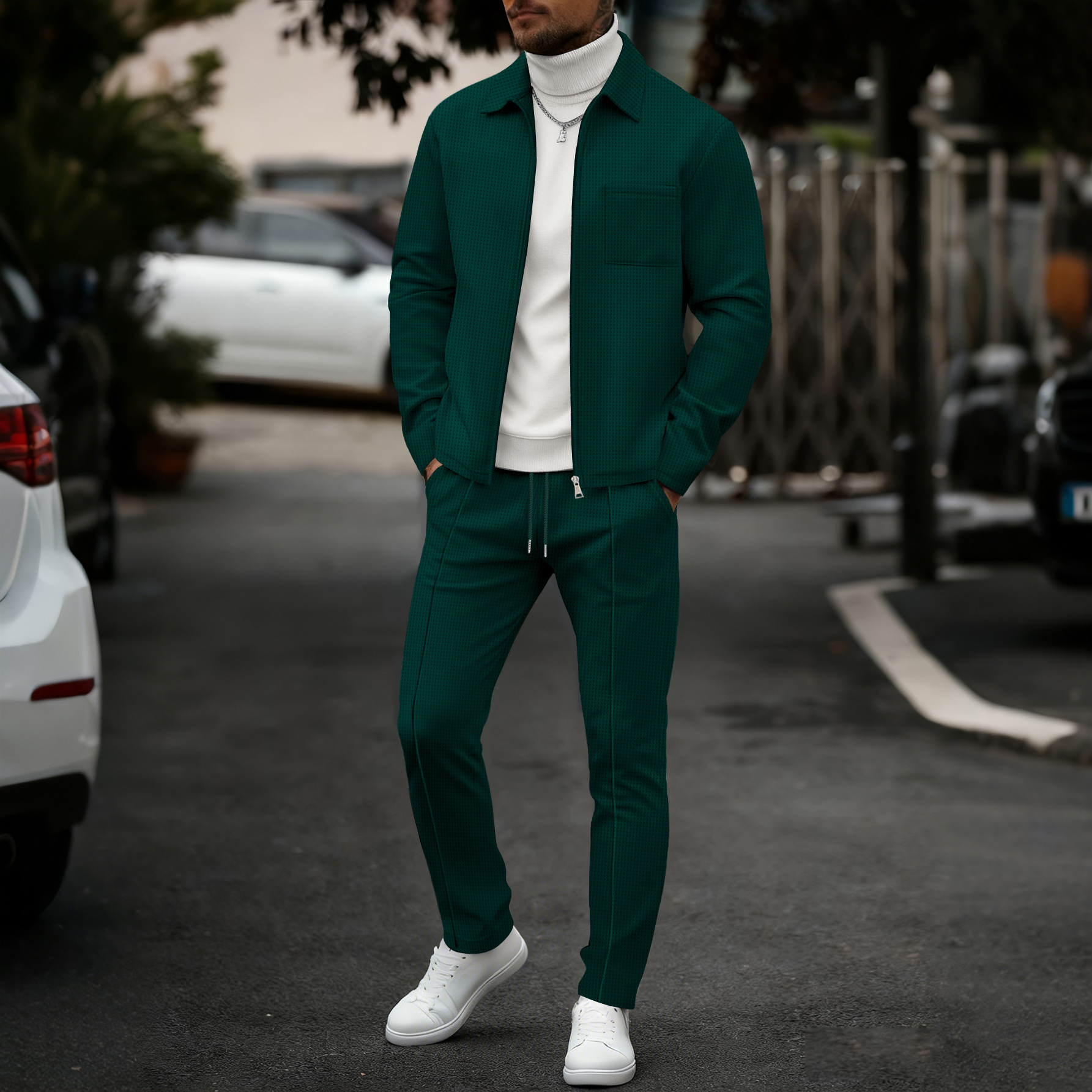 Lapel Cardigan Mens Jacket And Trousers Set - Image 4