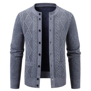 Men's Stand Collar Jacquard Knit Cardigan Fleece Lined Warm Button Sweater Coat With Pockets Autumn Winter Casual Outerwear