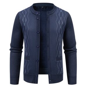 Men's Stand Collar Diamond Jacquard Knit Cardigan Fleece Lined Warm Button Down Sweater Jacket With Pockets Autumn Winter Business Casual Outerwear