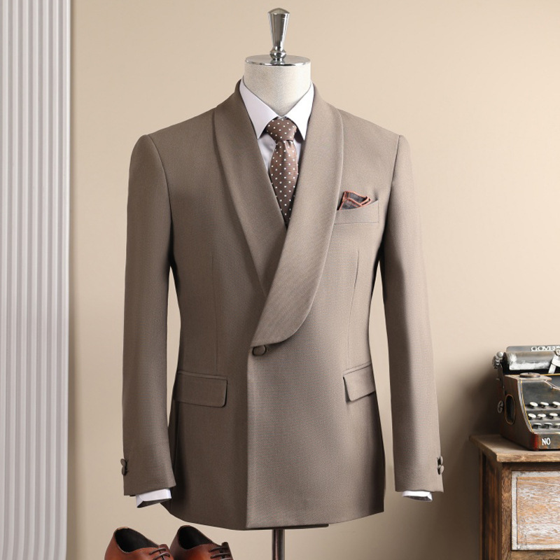 Men Taupe Shawl Lapel One Button 2 Pieces Suit Blazer & Pants Set - Image 6