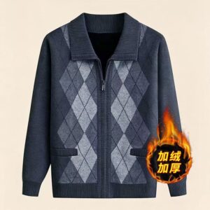 Men's Argyle Fleece Thick Knit Cardigan, Lapel Zip Up Sweater Jacket, Warm Knit Coat With Pockets For Autumn Winter