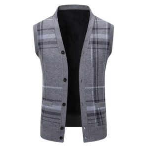 Men V-Neck Plaid Knit Vest Fleece Lined Thick Warm Button Sleeveless Sweater Waistcoat, Layerable Winter Business Casual Outerwear With Pockets