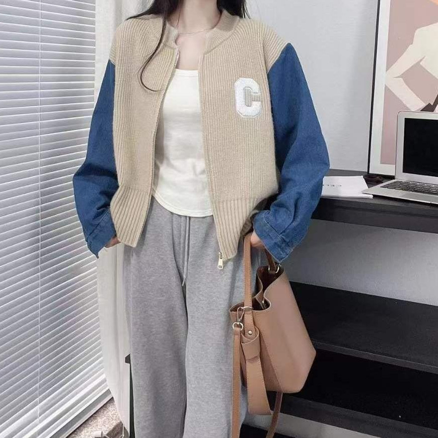 Stylish Niche And Trendy Knit Jacket With Denim Sleeves And Contrasting Zippers - Image 2