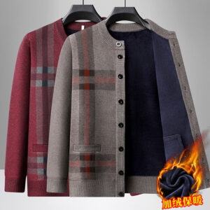 Men's Plaid Fleece Lined Knit Cardigan, Crew Neck Button Sweater Jacket, Thick Warm Knit Coat With Pockets Autumn Winter