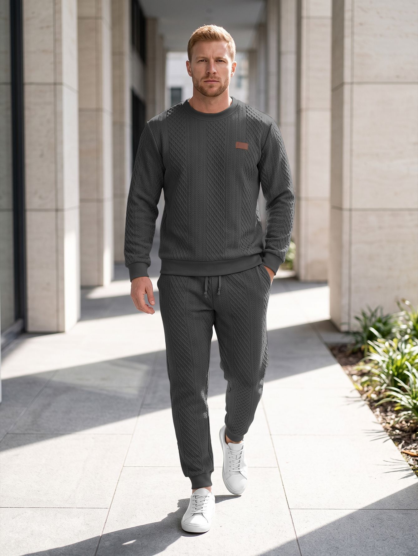 Mens Textured Jacquard Crew-Neck Sweater Set - Image 6
