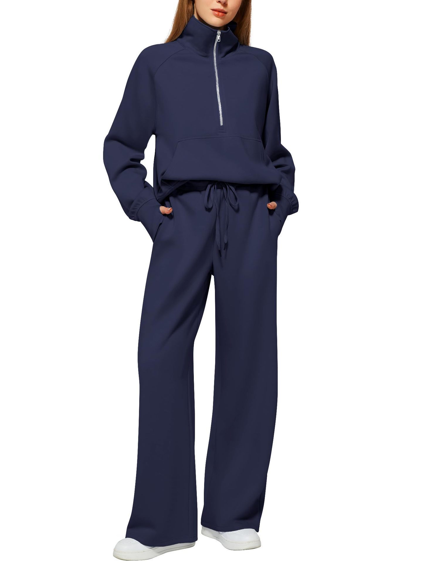 Woman Solid Color Half Zip Long Sleeve Sweatshirt And Wide Leg Pants Set Casual Sporty Two Piece Outfit Women's Suit - Image 4