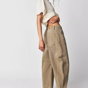 High Stretch Mid-Rise Barrel Jeans Fashion Wide Leg Shape Women Casual Baggy Mid Waist Denim Jeans