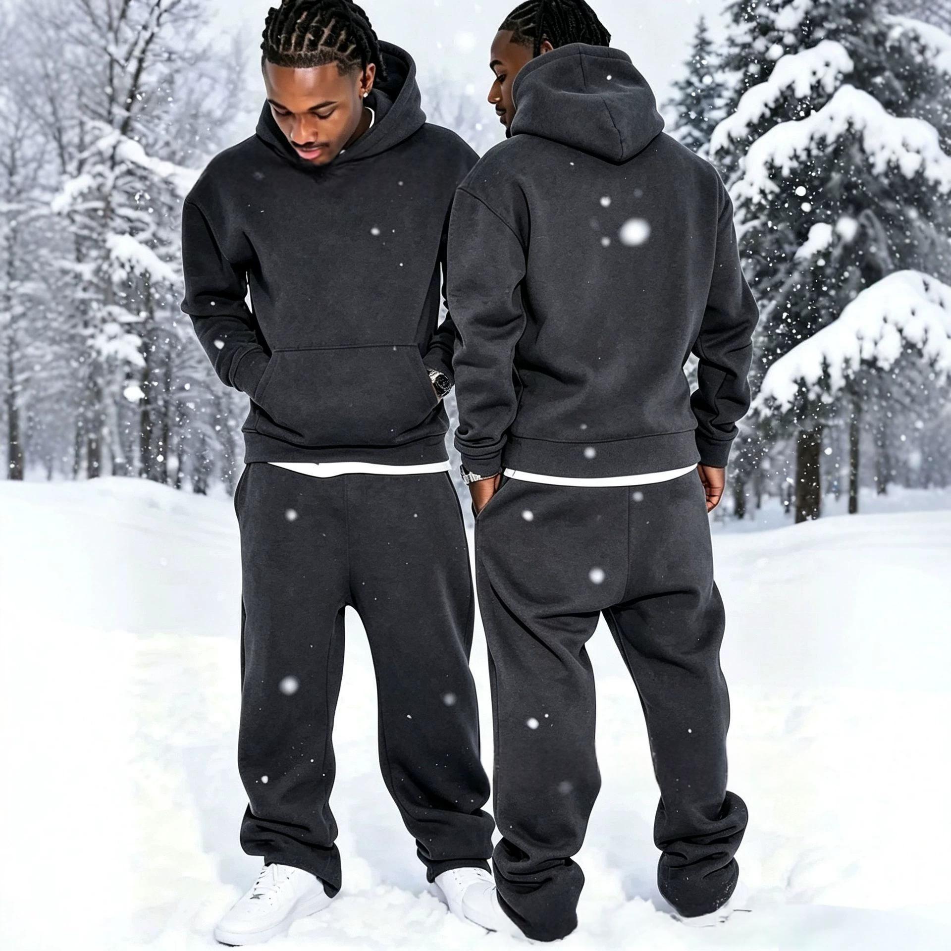 Solid-color Fleece-lined Hoodie And Wide-leg Straight-leg Pants Set - Image 4
