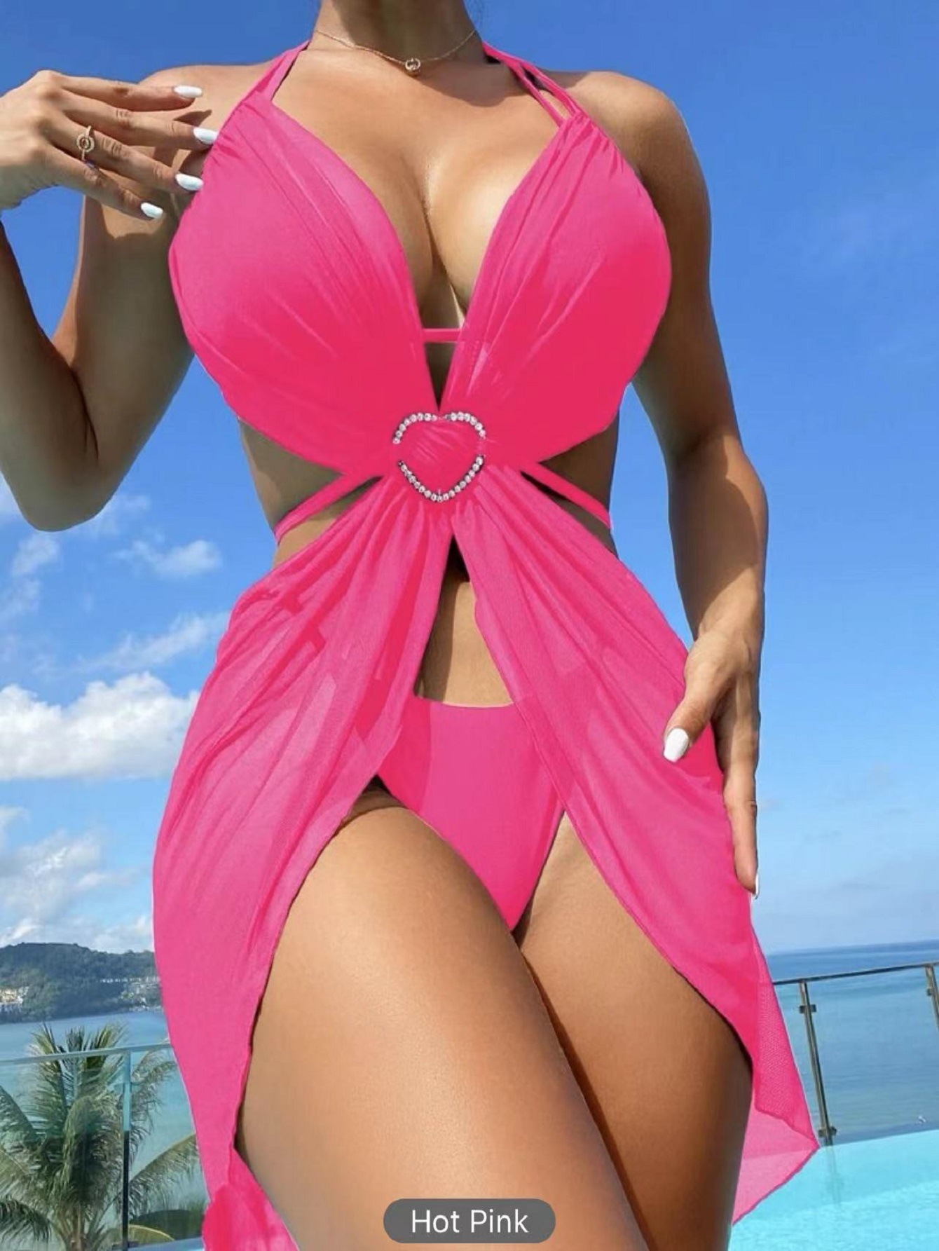 3pcs Halter Neck Bikini Beach Summer Solid Color Split Swimsuit Womens Clothing - Image 3