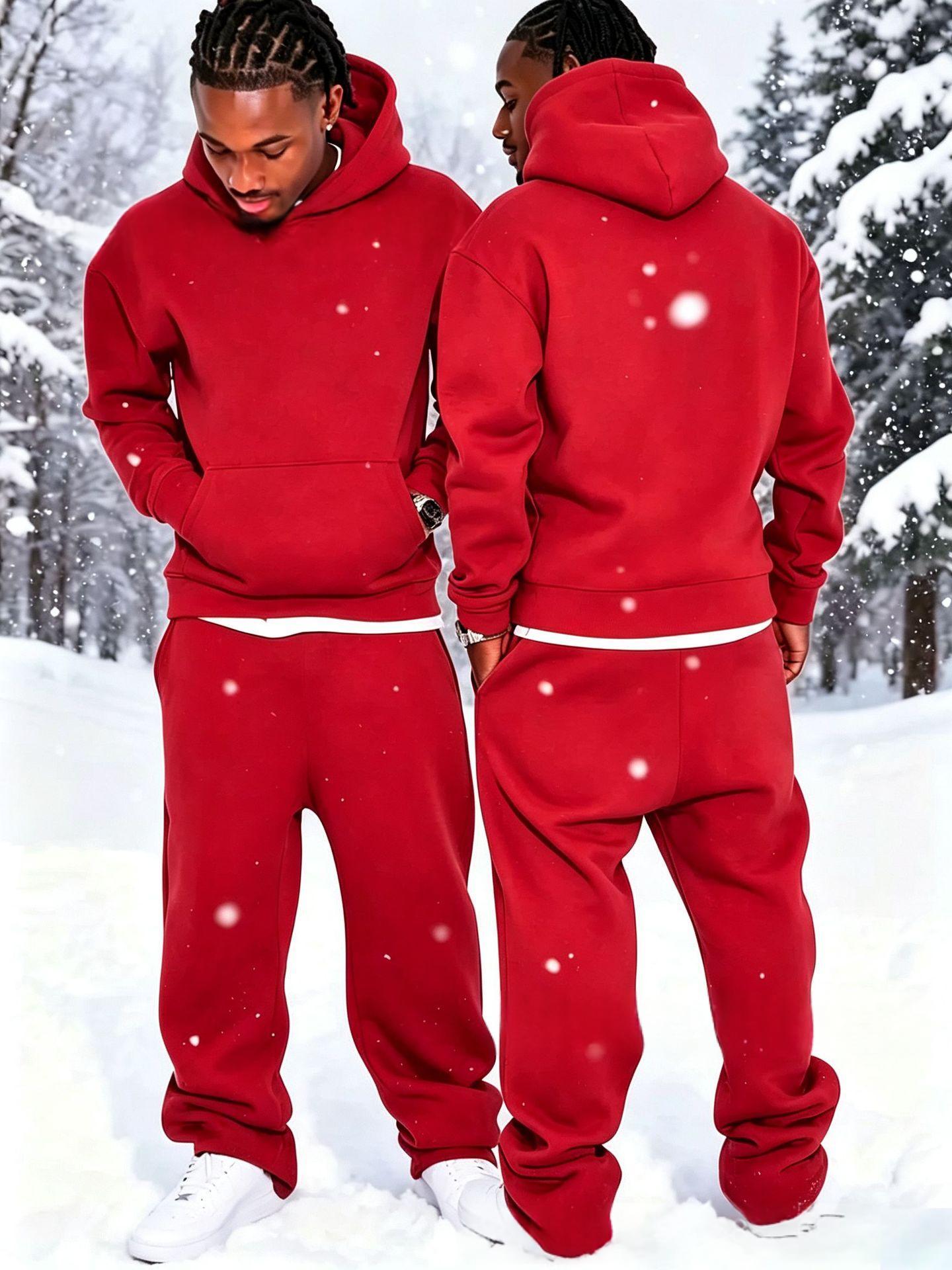 Solid-color Fleece-lined Hoodie And Wide-leg Straight-leg Pants Set - Image 10