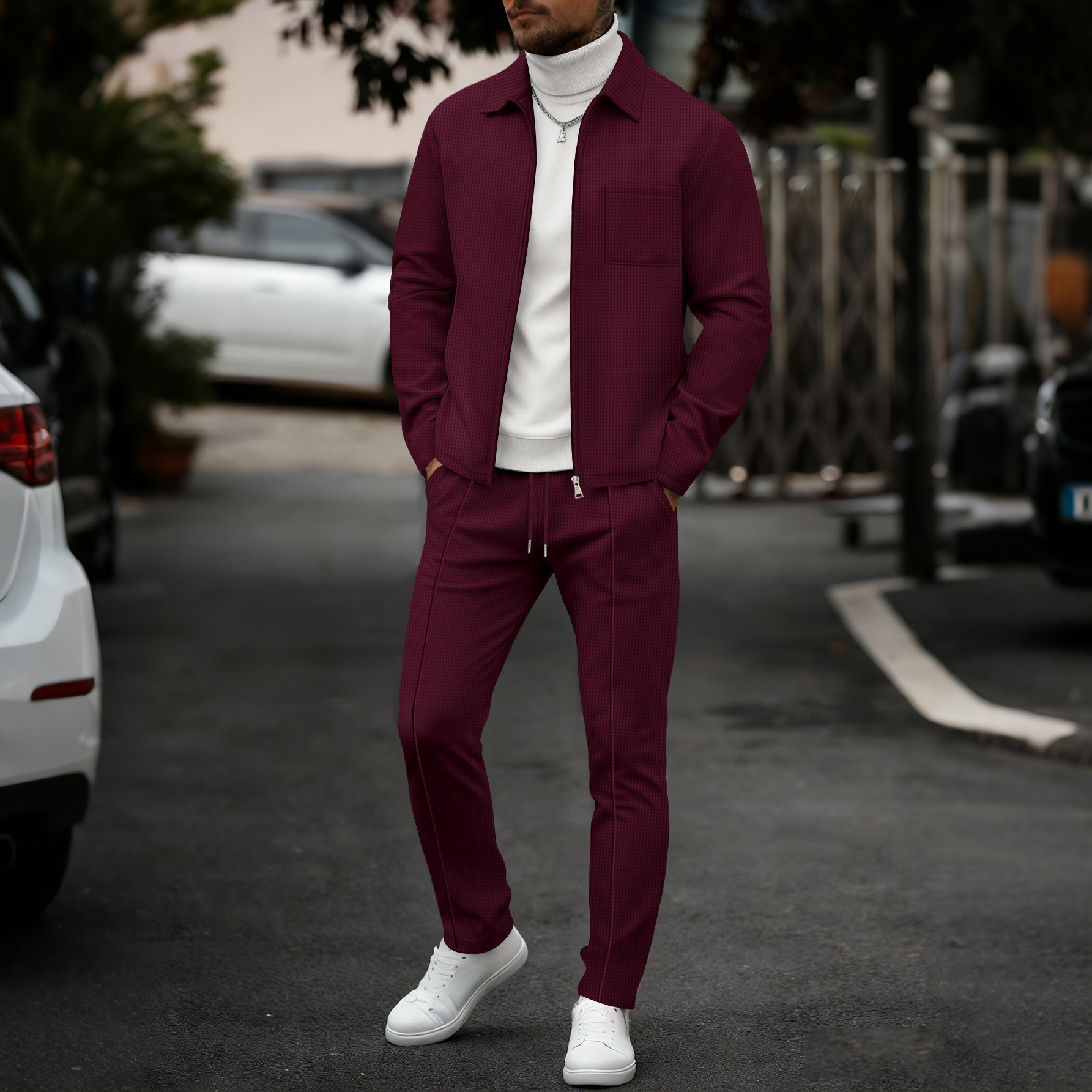 Lapel Cardigan Mens Jacket And Trousers Set - Image 7