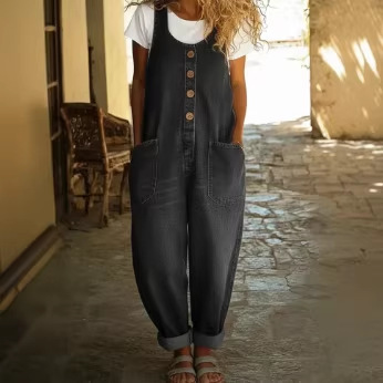 Women's Buckle Jumpsuit Casual Retro Multi-Pocket Overalls Pants - Image 2