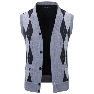 Men's Argyle Fleece Lined Sweater Vest V-Neck Button Up Sleeveless Knit Waistcoat, Business Casual Warm Layering Vest With Pockets Fall Winter