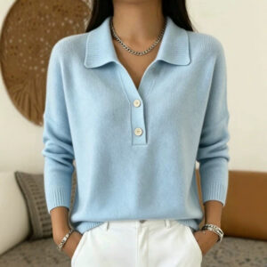 Women 's Polo Collar Knit Sweater Half Button V Neck Solid Color Loose Long Sleeve Elegant Trendy Casual Fall Winter Knit Top