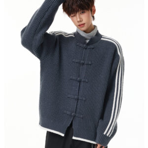 Asian Size New Chinese-style Casual Loose-fitting Knitted Cardigan Jacket For Men And Women, Autumn And Winter Color-blocking Button-up Sweater With A Quality Feel