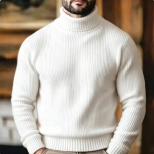 European And American-style Slim-fit Stretch Knit Sweater For Men Solid-color Vertical-striped Turtleneck Sweater