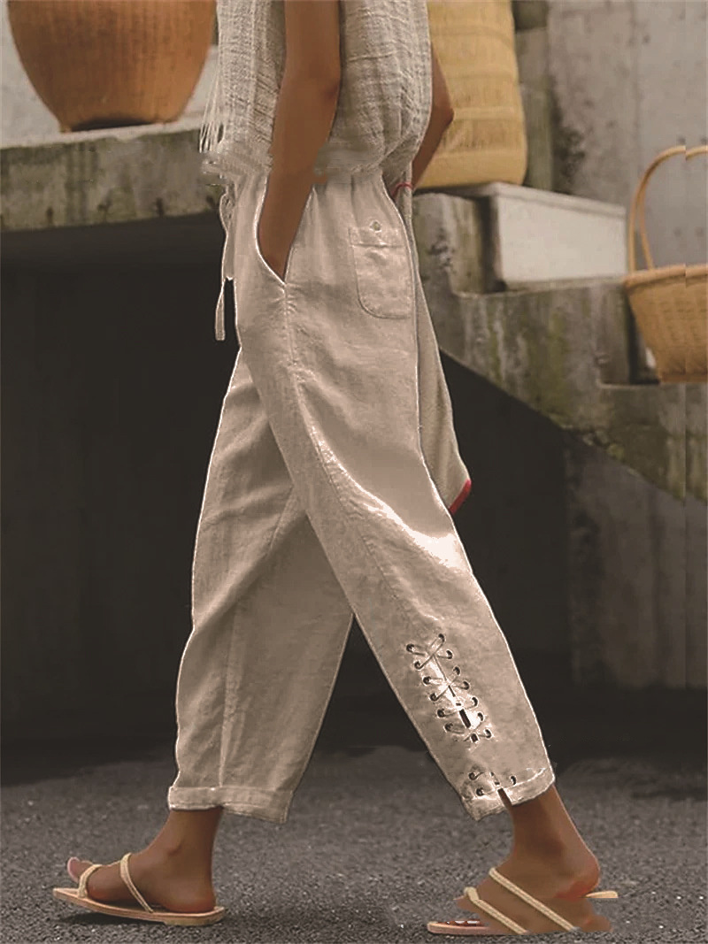 Cotton Linen Solid Color Pocket Sweet Stitching Casual Pants - Image 4