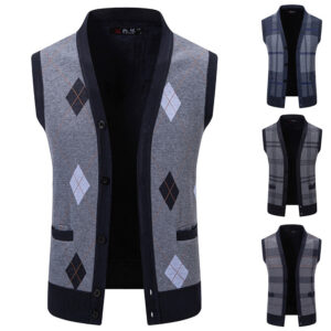 Men V-Neck Argyle Diamond Knit Vest Fleece Lined Thick Warm Button Sleeveless Sweater Waistcoat, Business Casual Layerable Winter Outerwear With Pockets
