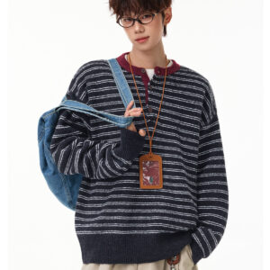 Striped Color-block Design Henry Collar Sweater For Men, Autumn And Winter Vintage Old Money Style Casual Pullover Knitwear