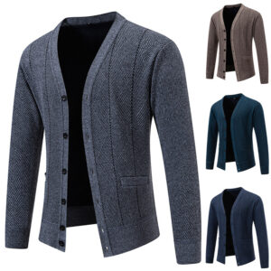 Men's V-Neck Geometric Jacquard Knit Cardigan Fleece Lined Warm Button Down Sweater Jacket With Pockets Autumn Winter Business Casual Outerwear