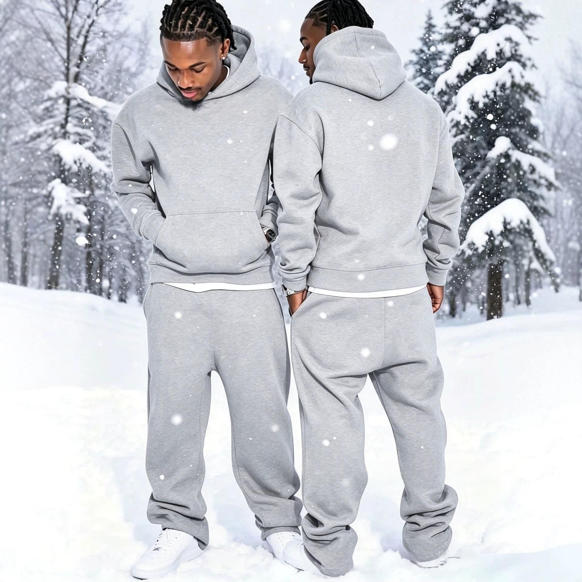 Solid-color Fleece-lined Hoodie And Wide-leg Straight-leg Pants Set - Image 3