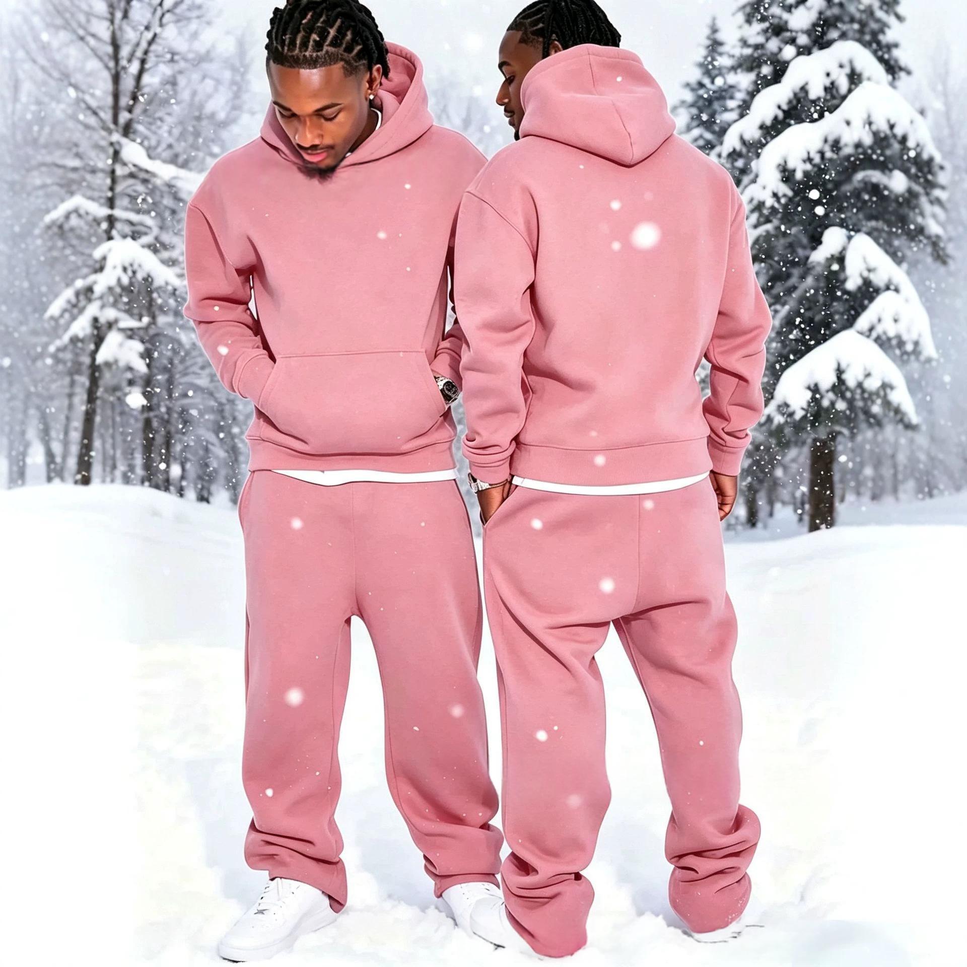 Solid-color Fleece-lined Hoodie And Wide-leg Straight-leg Pants Set - Image 2