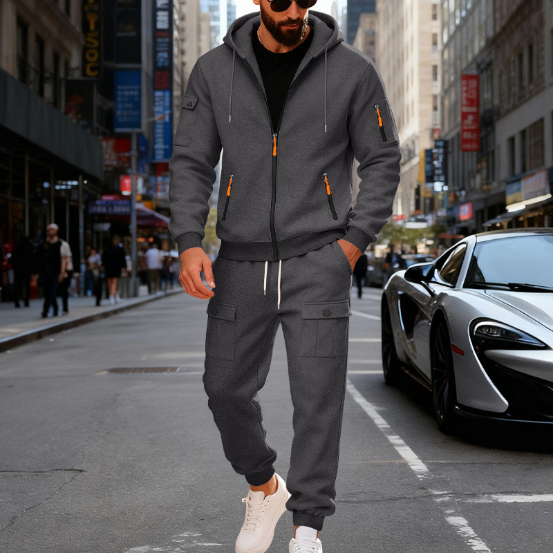 Mens Fleece-lined Loose-fit Casual Hoodie And Pants Set - Image 3